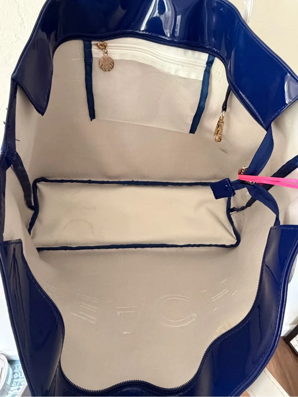 NWT Macbeth Collection By Margaret Josephs Navy Blue Patent BEACH Tote Bag